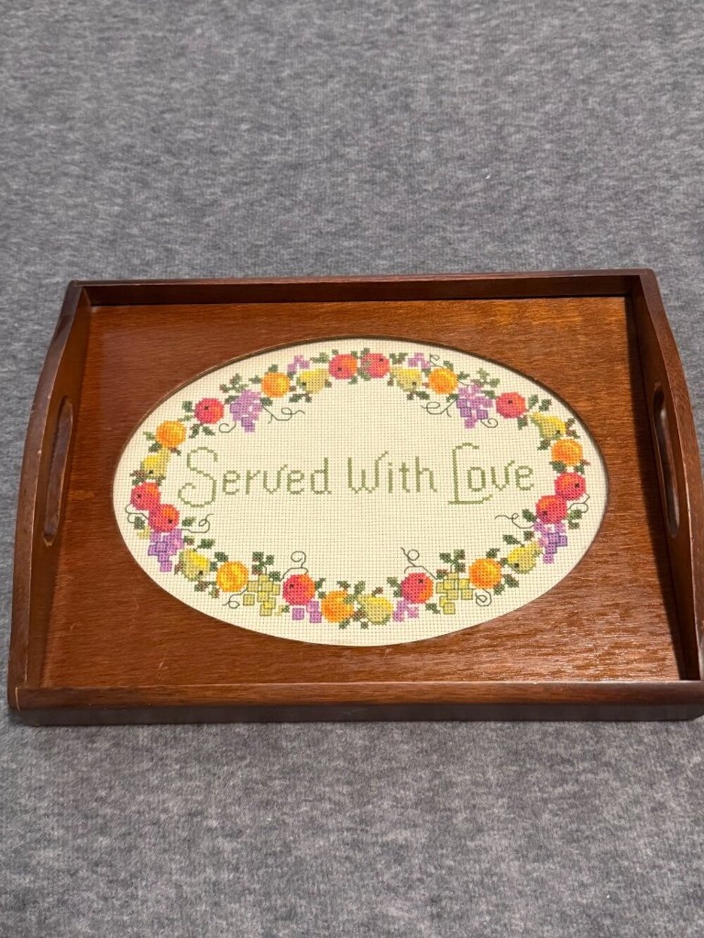 Creative Circle Cross Stitch Wood Serving Tray Served w Love Wall Hang or Tray